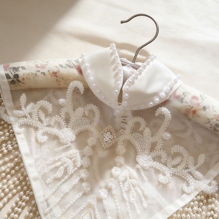 Handmade bridal cape featuring illusion tulle, pearl bead embroidery, shimmering sequins, and elegant pearl fringe.