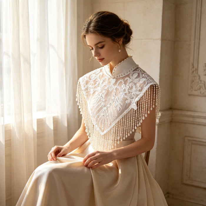 Elegant high-neck bridal shoulder cape with handcrafted pearl embroidery, soft tulle, and cascading pearl-inspired fringe.