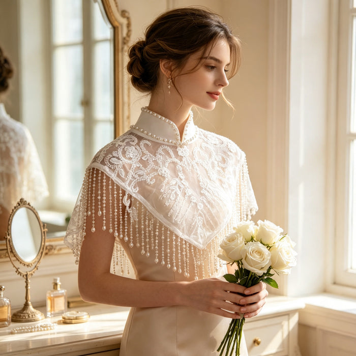 Elegant high-neck bridal shoulder cape with handcrafted pearl embroidery, soft tulle, and cascading pearl-inspired fringe.
