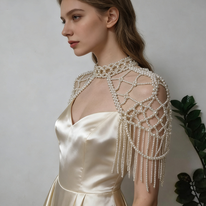 Elegant pearl shoulder wrap bridal accessory featuring layered pearl chains and vintage inspired wedding couture design.
