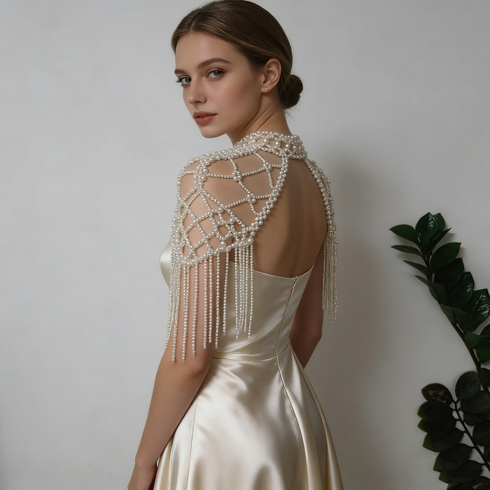 Elegant pearl shoulder wrap bridal accessory featuring layered pearl chains and vintage inspired wedding couture design.