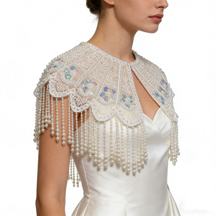 Handmade bridal cape featuring hand-sewn sequin bead embroidery, iridescent floral details, and cascading faux pearl fringe.