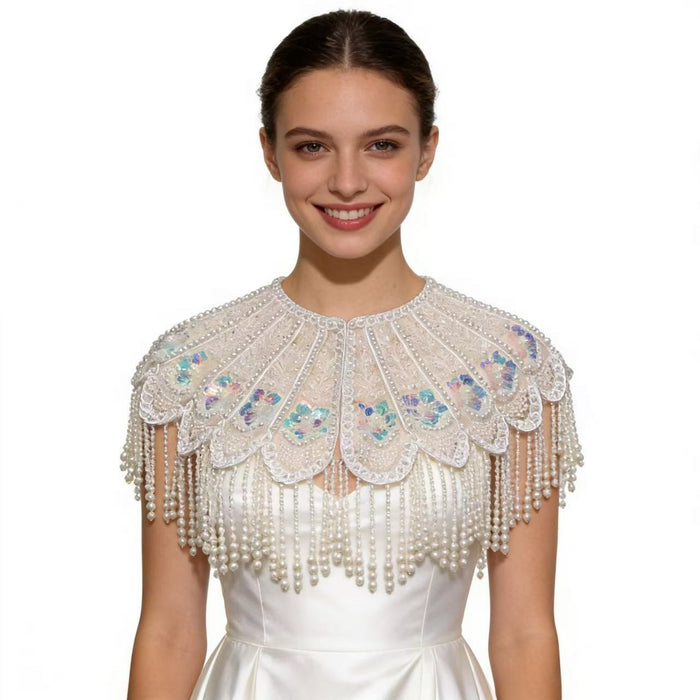 Elegant detachable bridal shoulder cape with scalloped embroidery, shimmering sequins, pearl-inspired beadwork, and luxurious pearl fringe.