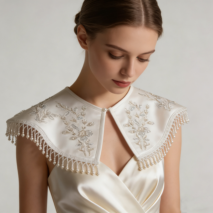 Handmade Pearl Fringe Bridal Collar Cape with Beaded Embroidery