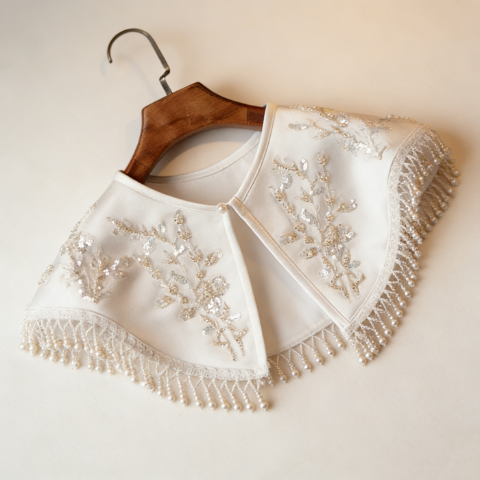 Handmade Pearl Fringe Bridal Collar Cape with Beaded Embroidery