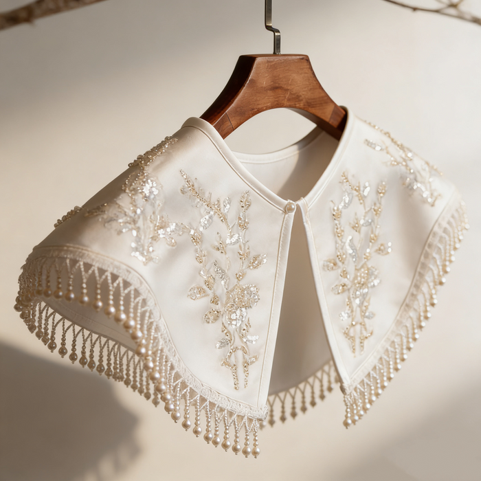 Handmade Pearl Fringe Bridal Collar Cape with Beaded Embroidery