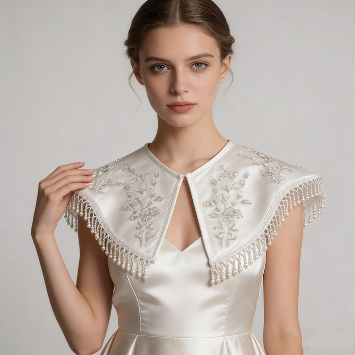 Handmade Pearl Fringe Bridal Collar Cape with Beaded Embroidery