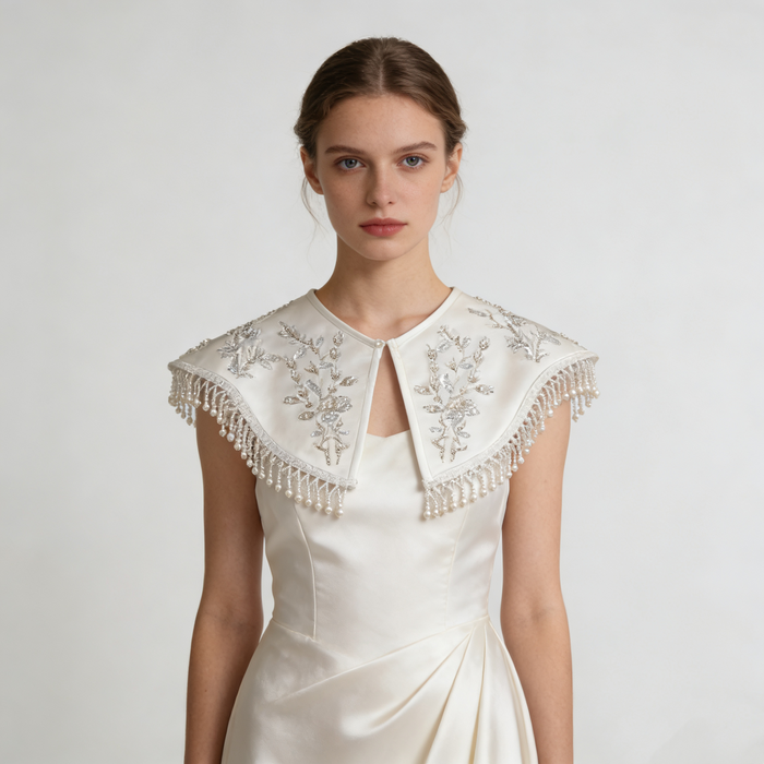 Handmade Pearl Fringe Bridal Collar Cape with Beaded Embroidery