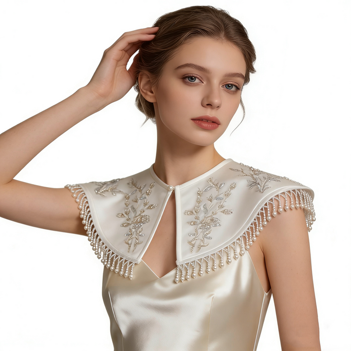 Handmade Pearl Fringe Bridal Collar Cape with Beaded Embroidery