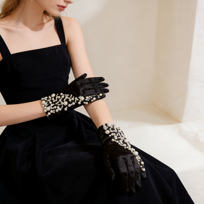 Elegant mid-length black velvet formal gloves decorated with handcrafted faux pearl clusters for bridal and evening wear.