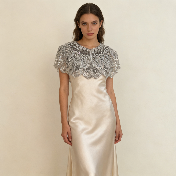 Luxury silver sequin wedding shoulder cape handcrafted with couture bead embroidery for bridal gowns.