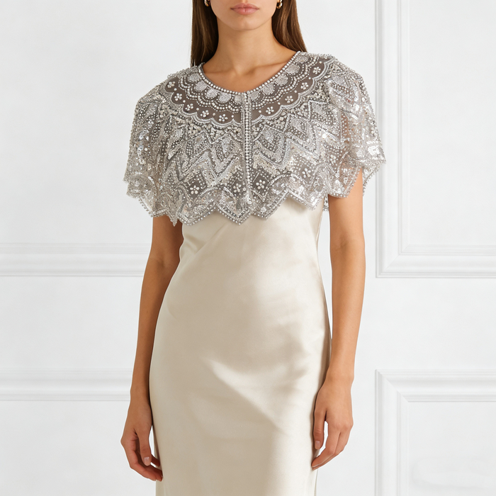 Luxury silver sequin wedding shoulder cape handcrafted with couture bead embroidery for bridal gowns.