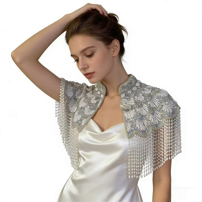 Elegant silver white bridal shoulder cape with handcrafted pearl embroidery and flowing pearl fringe for weddings.