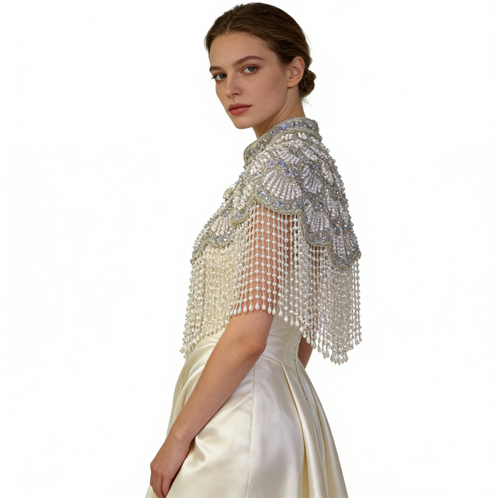 Elegant silver white bridal shoulder cape with handcrafted pearl embroidery and flowing pearl fringe for weddings.