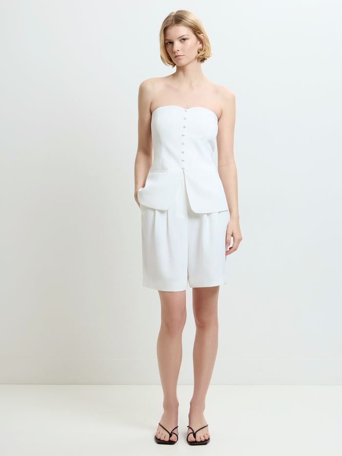 Harrie Tailored Faux Button White Strapless Top