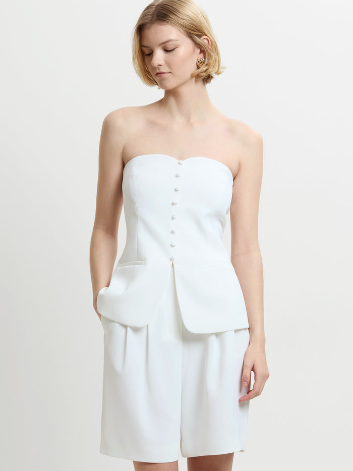 Harrie Tailored Faux Button White Strapless Top