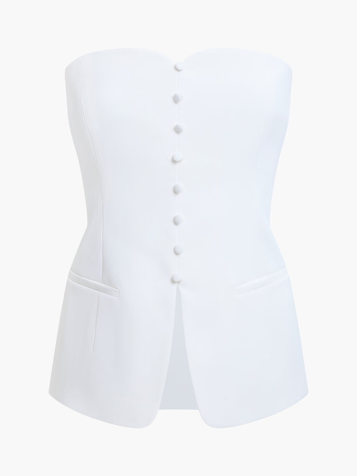 Harrie Tailored Faux Button White Strapless Top