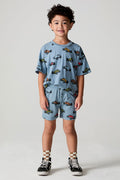 Full body front view of a boy wearing the Chaser Have a Nice Day Shorts on a neutral background