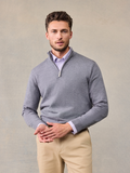 Man in heather grey quarter-zip sweater over lavender collared shirt and khaki pants