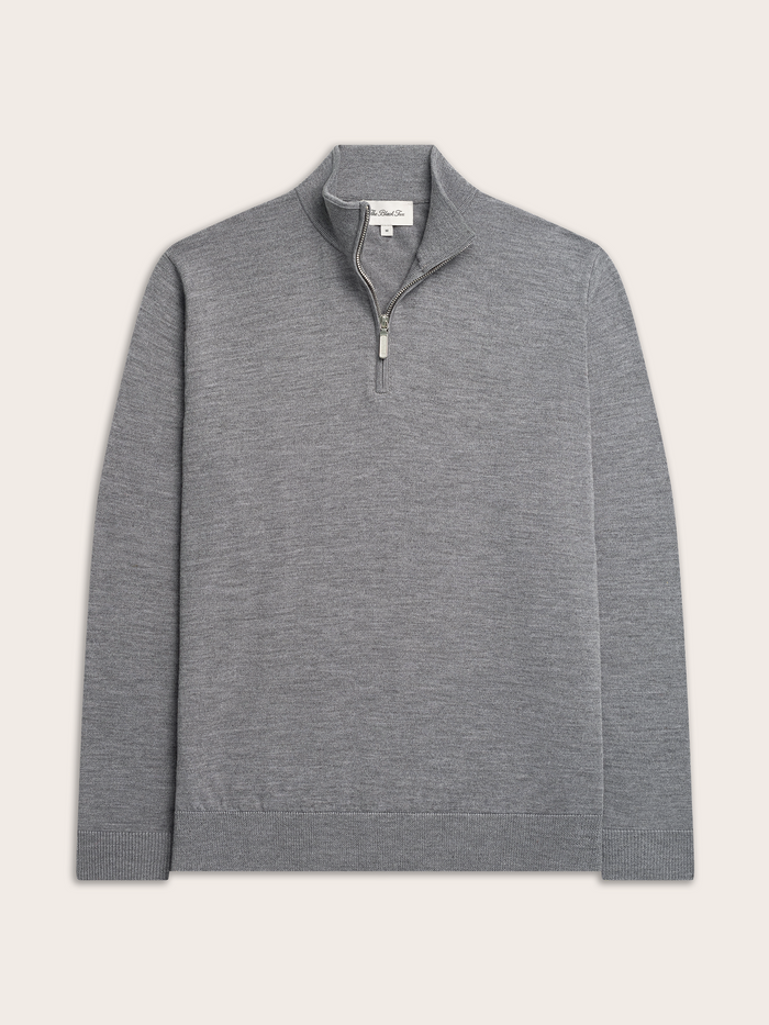 Heather grey quarter-zip sweater flat lay, front view with zipper partly open