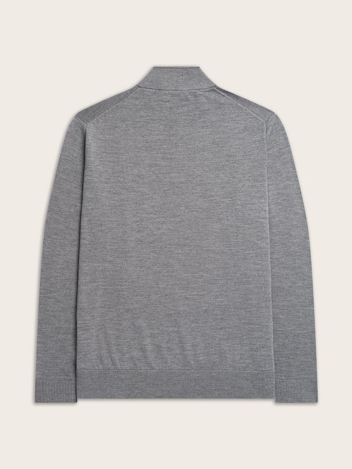 Heather grey quarter-zip sweater flat lay, back view showing raglan sleeves