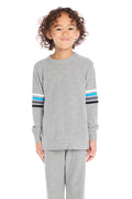 Boy wearing Chaser Kids Heather Grey Long Sleeve Pullover with blue, white, and black stripe accents on sleeves, front view on a white background