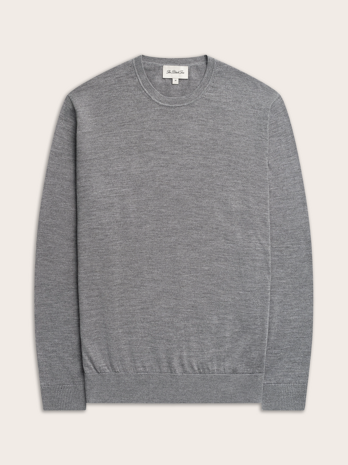Heather grey crew sweater flat lay, front view with brand label at neck