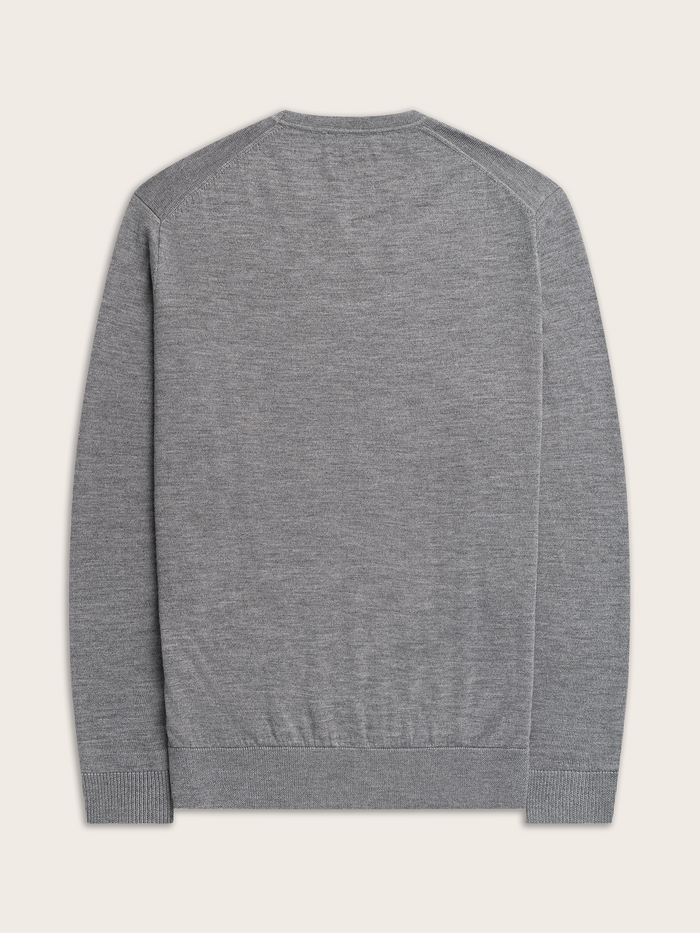 Heather grey crew sweater flat lay, back view showing raglan sleeves