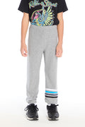 Front view of boy wearing Chaser Kids Heather Grey Joggers with blue, white, and navy stripe detail at the cuff, paired with the Rolling Stones Dragon Tee on a white background