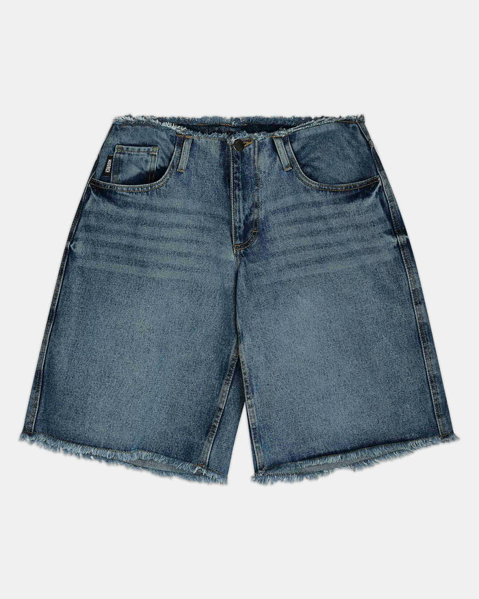 Medium wash blue denim shorts with a raw, frayed hem and distressed detailing, shown flat on a light gray background.