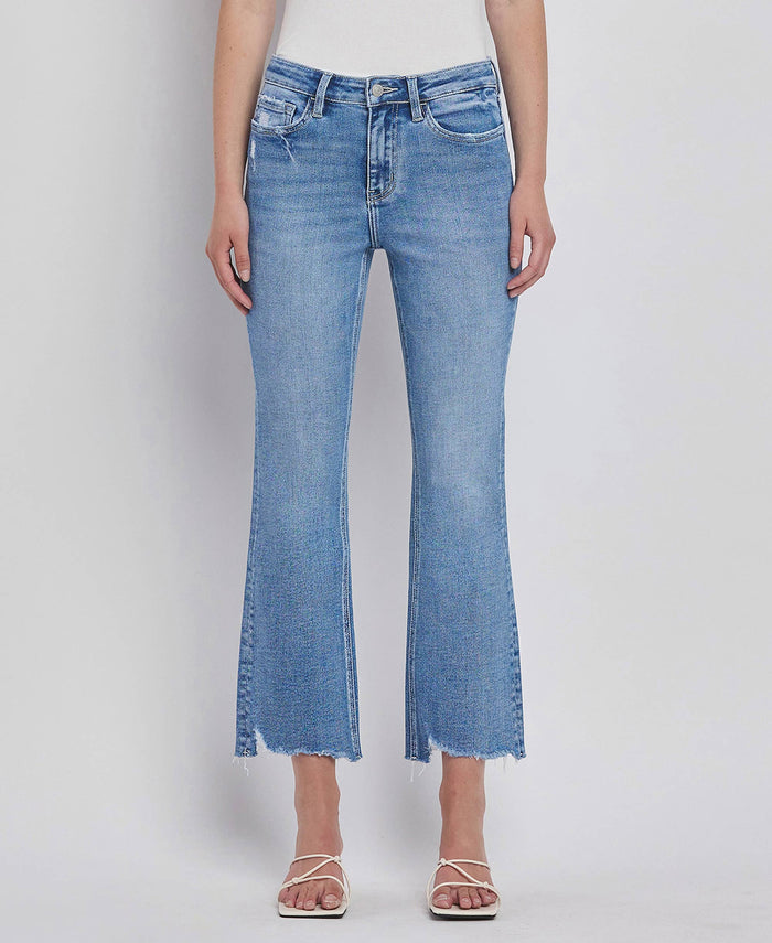 HIGH RISE UNEVEN RAW HEM KICK FLARE JEANS LV1416: PERFECTLY