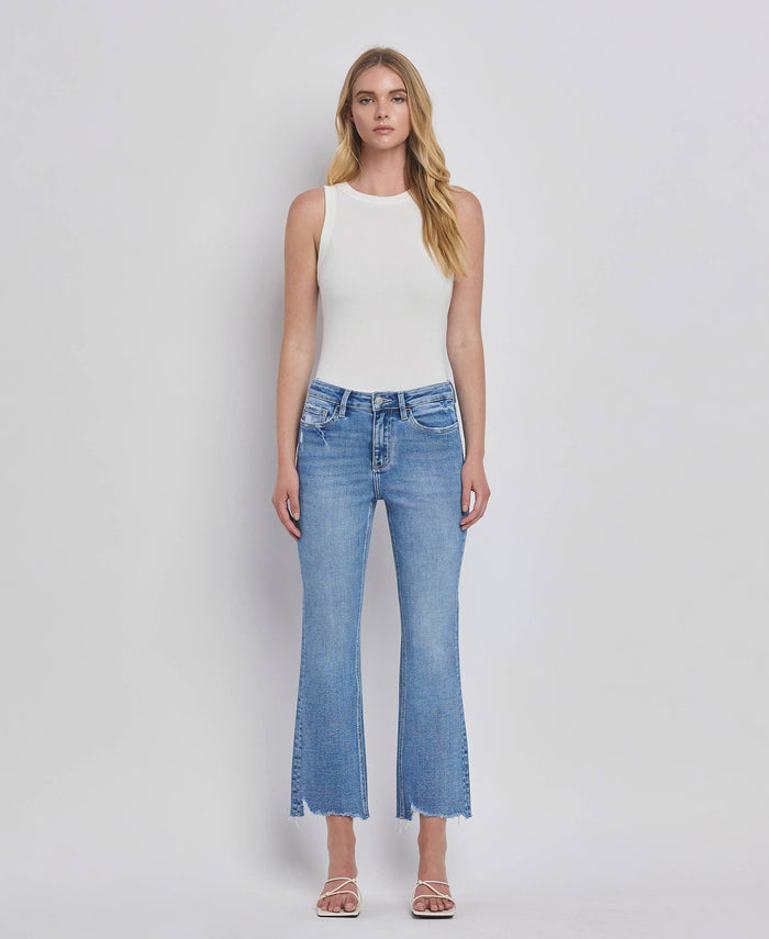 HIGH RISE UNEVEN RAW HEM KICK FLARE JEANS LV1416: PERFECTLY