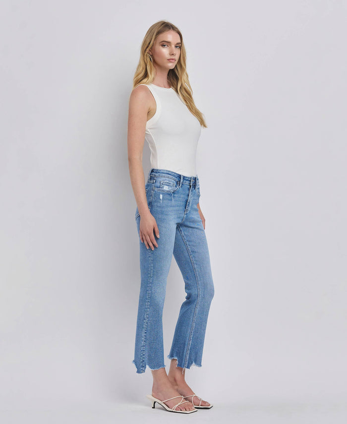 HIGH RISE UNEVEN RAW HEM KICK FLARE JEANS LV1416: PERFECTLY