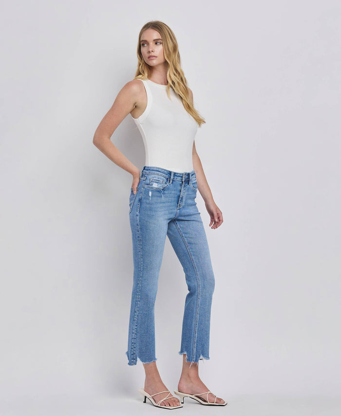 HIGH RISE UNEVEN RAW HEM KICK FLARE JEANS LV1416: PERFECTLY