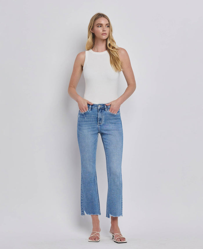HIGH RISE UNEVEN RAW HEM KICK FLARE JEANS LV1416: PERFECTLY