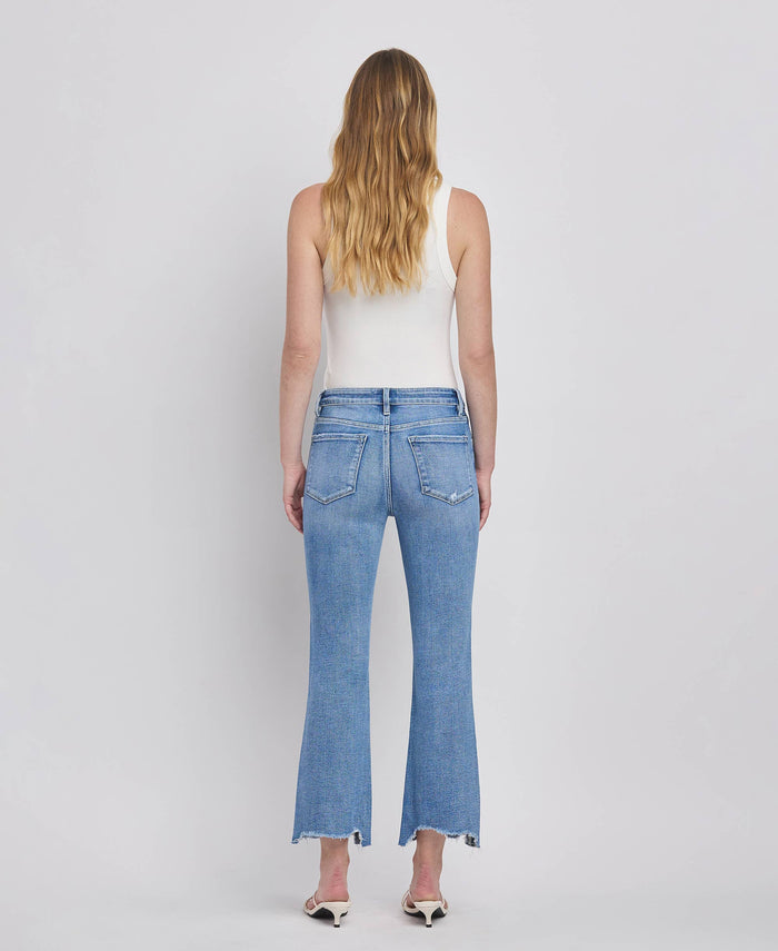 HIGH RISE UNEVEN RAW HEM KICK FLARE JEANS LV1416: PERFECTLY