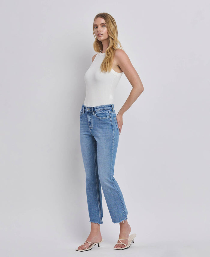 HIGH RISE UNEVEN RAW HEM KICK FLARE JEANS LV1416: PERFECTLY