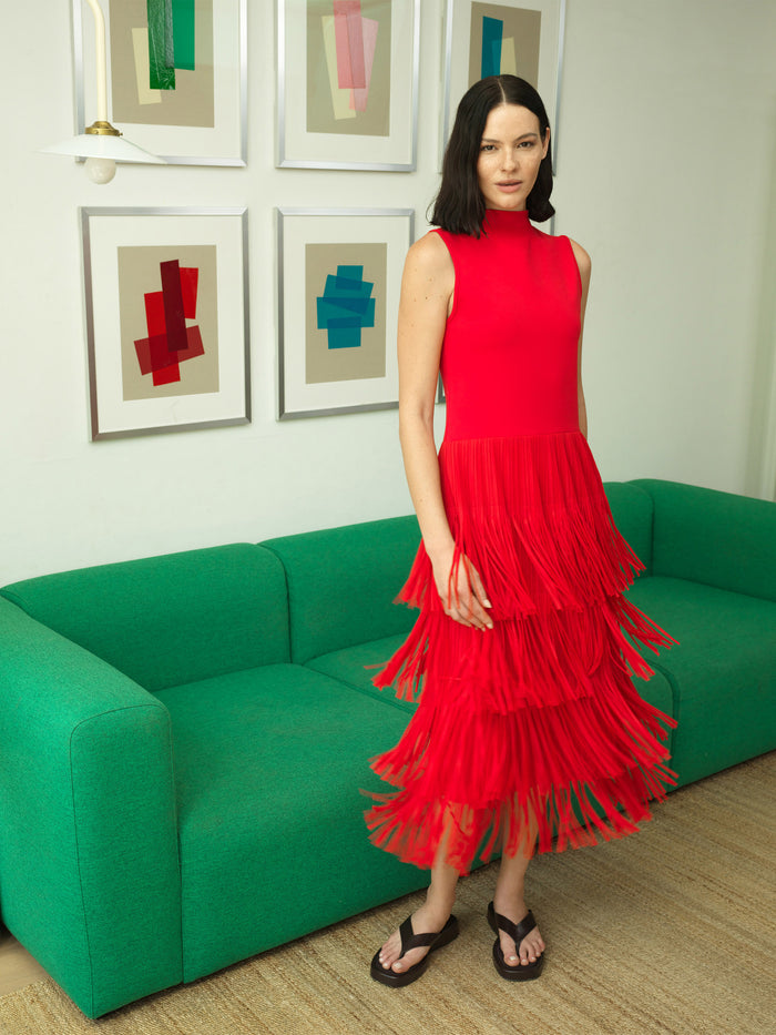 Hilde Red Fringe Jersey Midi Dress