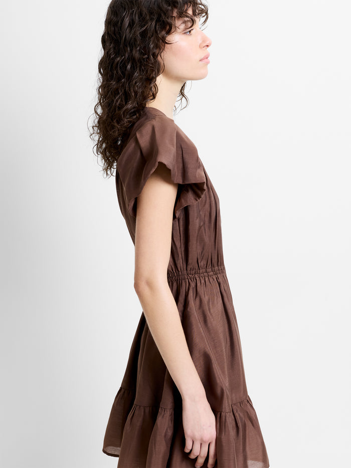 Holland Flutter Sleeve Tiered Brown Mini Dress