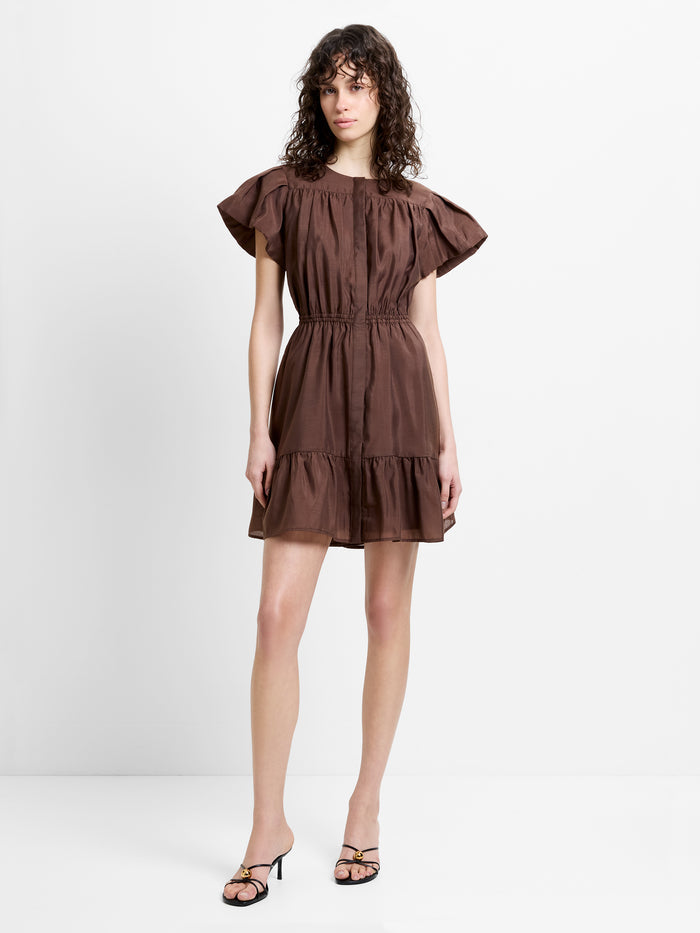 Holland Flutter Sleeve Tiered Brown Mini Dress
