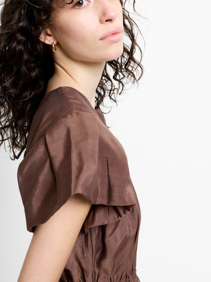 Holland Flutter Sleeve Tiered Brown Mini Dress