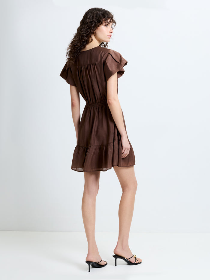 Holland Flutter Sleeve Tiered Brown Mini Dress