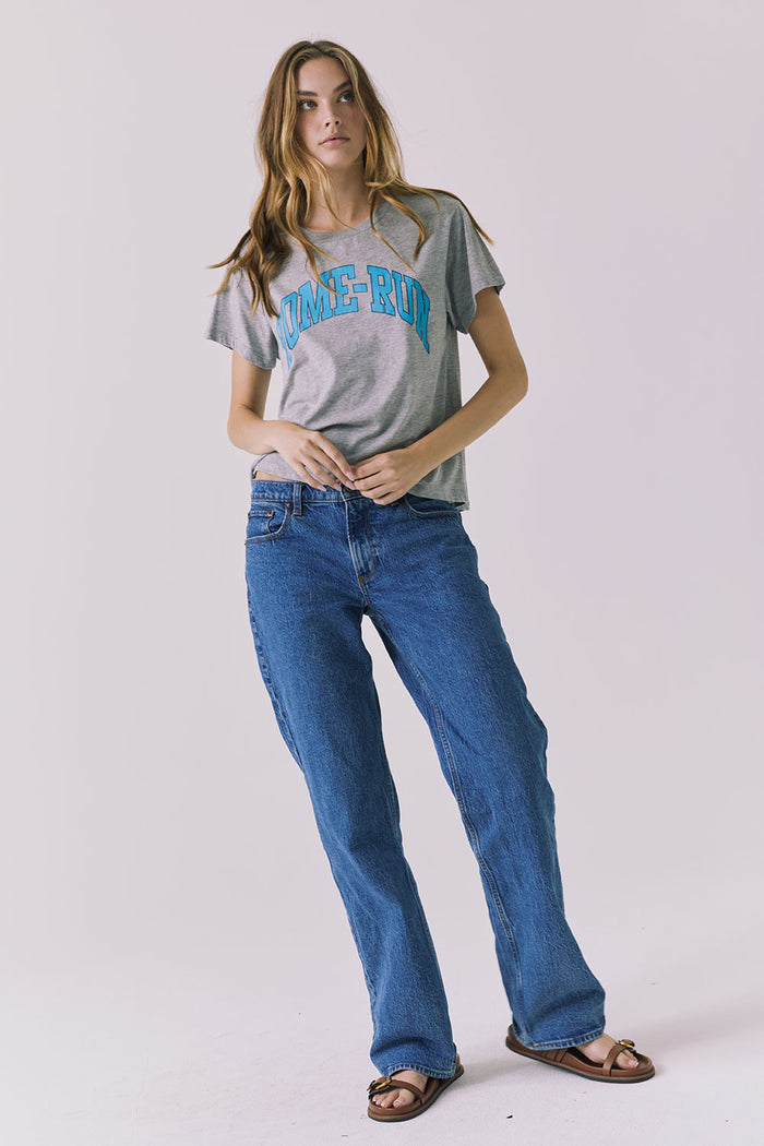 Full body view of the Chaser Home Run Tee in Heather Grey styled casually for an effortless everyday look