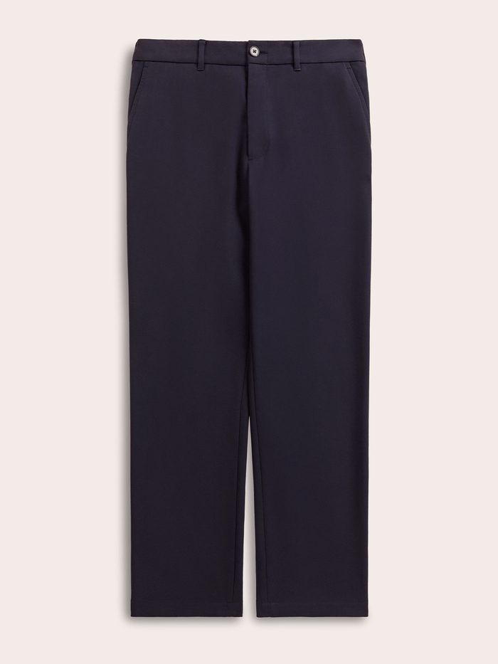 Admiral navy suit pants laid flat, front view with belt loops and slant side pockets.