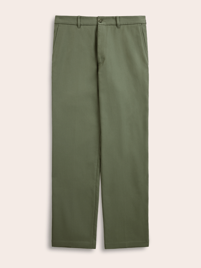 Dusty sage suit pants laid flat, front view with belt loops and slant side pockets.