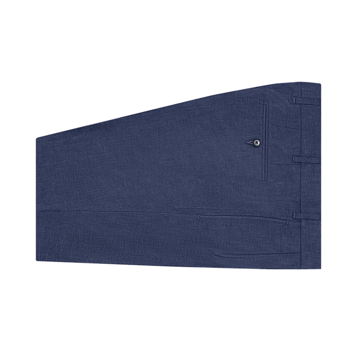 Ink blue pleated linen trousers folded flat, side pocket and button visible