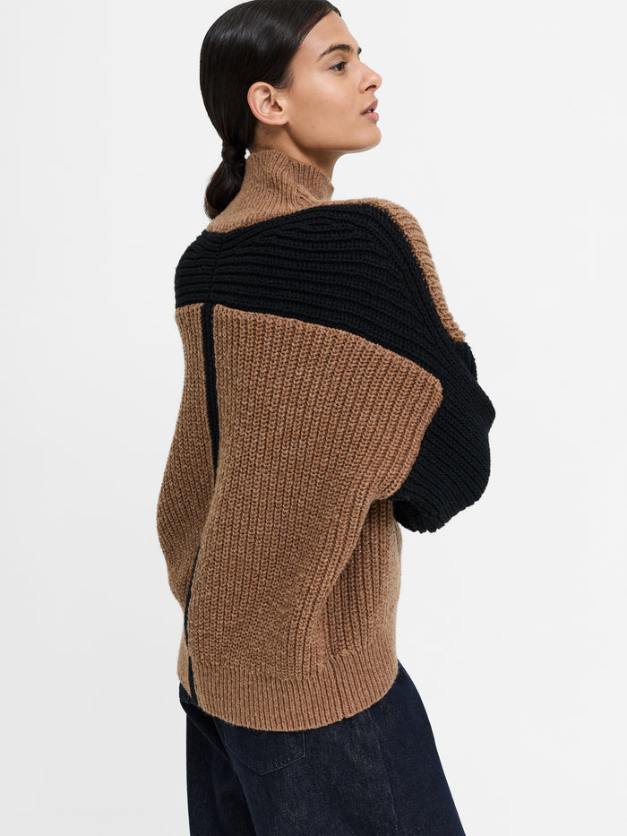 Iona Brown Colour Block Roll Neck Jumper