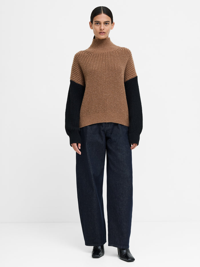Iona Brown Colour Block Roll Neck Jumper