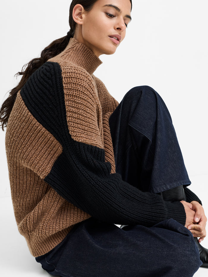 Iona Brown Colour Block Roll Neck Jumper