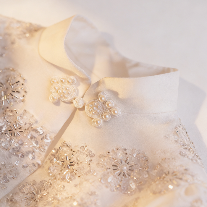 Ivory beaded bridal capelet with sequin embroidery and fringe details, luxury short wedding shawl for bridal gown.